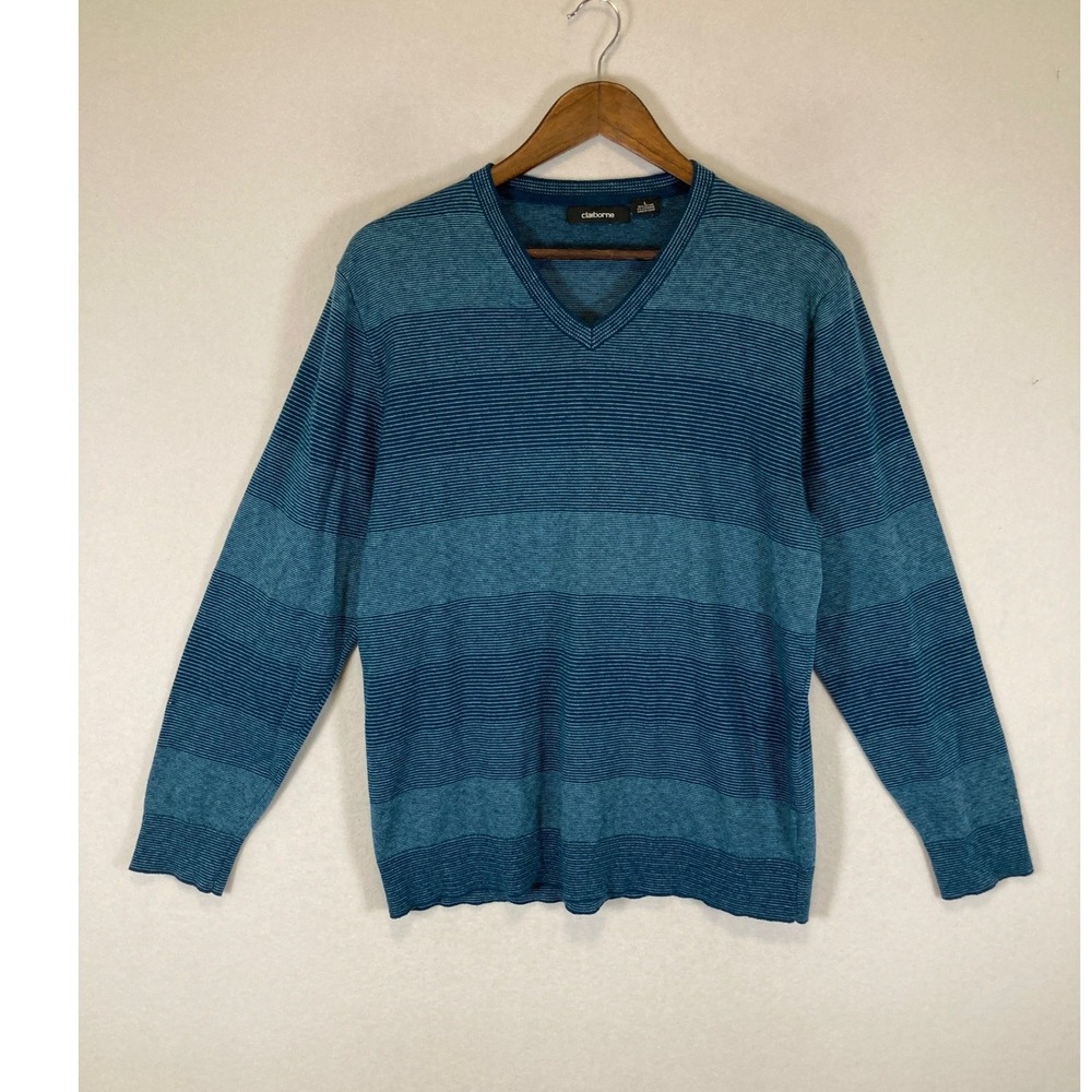 Coastal Claiborne Women L‎ Blue Striped Cotton Cashmere V-Neck Pullover Sweater